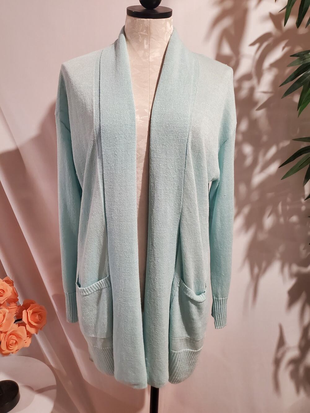 Talbots Linen Blend Lightweight Open Longline Cardigan Size M Light Blue Pockets